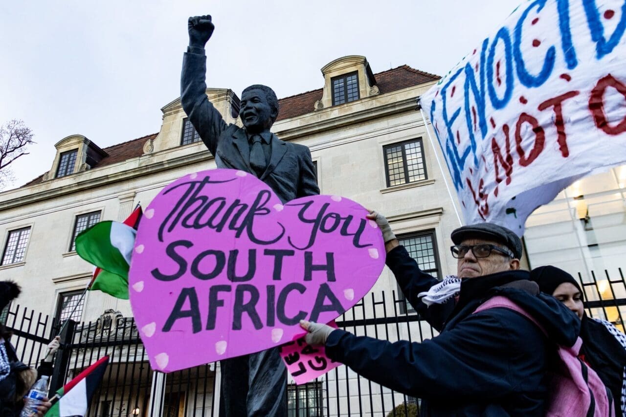 Party outside the South African Embassy thanking them for bringing the case to the ICJ