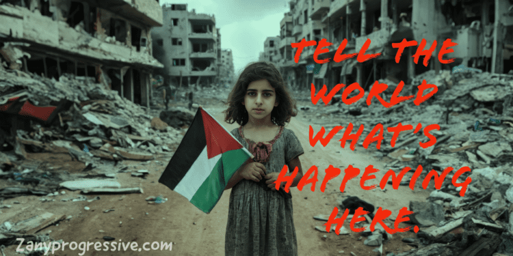 Hostage A Palestinian girl standing amidst rubble holding the Palestinian flag