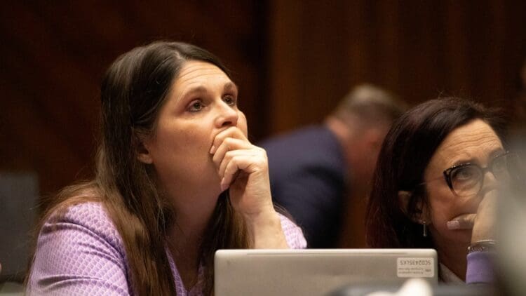 Rep. Stephanie Stahl Hamilton, D-Tucson, watches the voting on her House Bill 2677, which repeals a near-total abortion ban that was recently upheld by the Arizona Supreme Court. On April 24, 2024, Democrats in the Arizona House of Representatives joined with a handful of Republicans to force a vote on the bill, which passed 32-28.