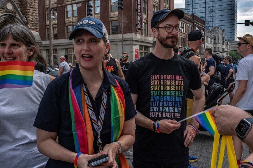 Nashville Vice-Mayor Angie Henderson and and Mayor Freddie O’Connell prepare to march in Saturday’s Pride parade down Broadway. 