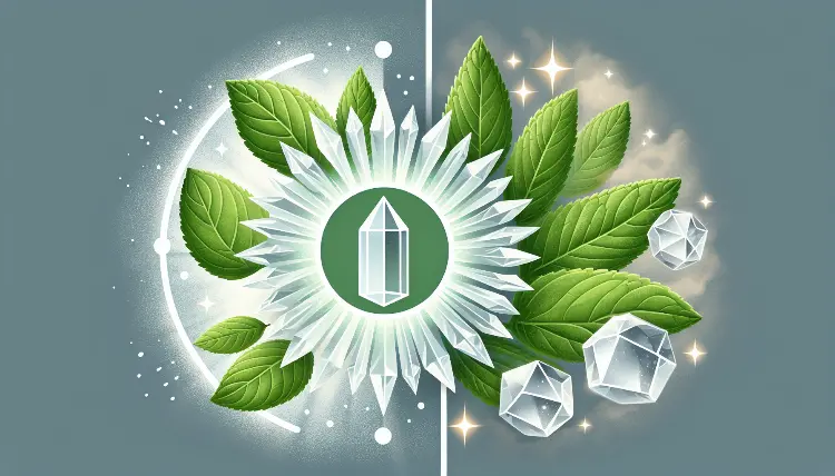 Illustration of Stevia plant surrounded by sugar crystals