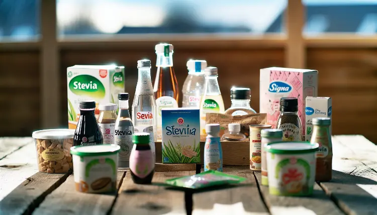 Stevia products gathered together on avwoiden picnic table