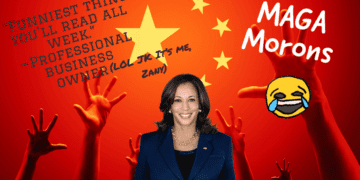 Kamala Harris on a Chinese flag background making fun of Republicans