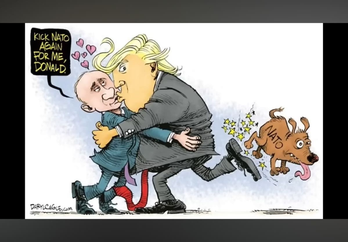 Trump hugging Putin in a political cartoon