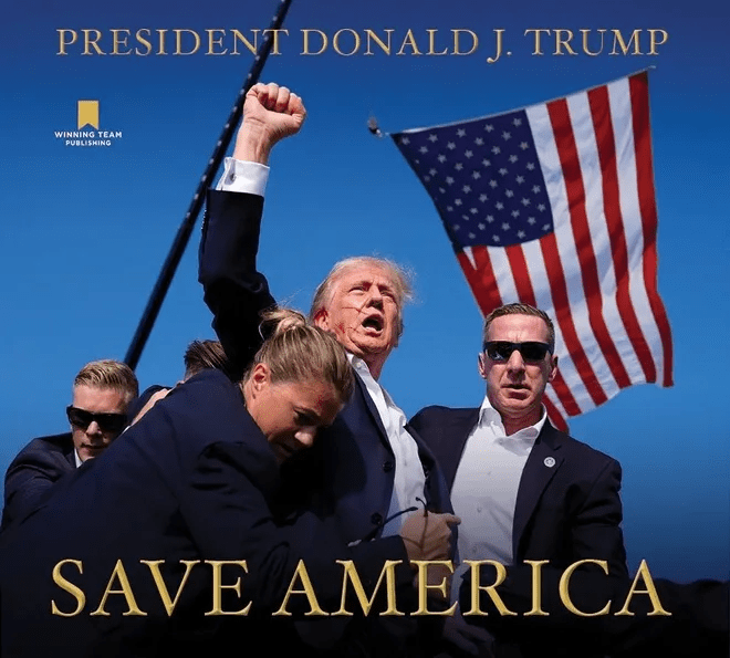 Trump’s book Save America with his iconic photo on the cover