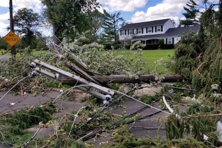 Trees and electrical wiring brought down by a tornado in Montgomery County, Pennsylvania, in September 2021.