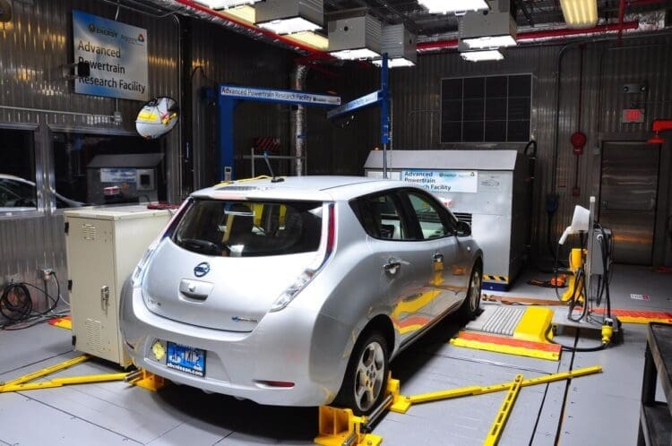 An electric vehicle undergoes hot temperature testing on the dynamometer at Argonne's Advanced Powertrain Research Facility (APRF).