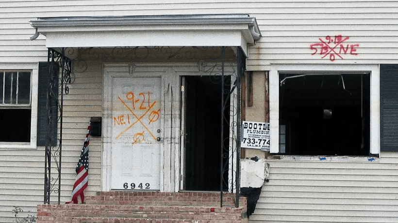 The front of Daniel Aldrich’s rented house, located eight blocks from Lake Pontchartrain in New Orleans, after it was destroyed by Hurricane Katrina in 2005.