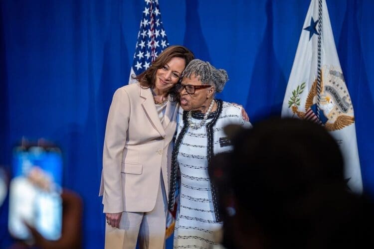 Vice President Kamala Harris participates in a photo line at the Zeta Phi Beta Sorority Boule, Wednesday, July 24, 2024, at the Indianapolis Convention Center in Indianapolis, Indiana.