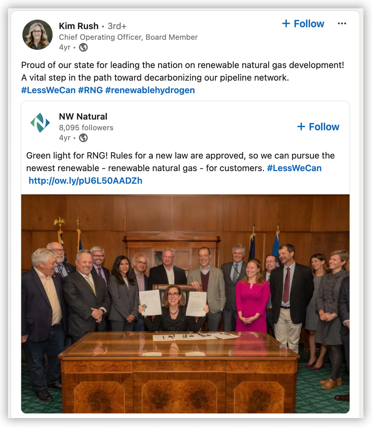 Screenshot of the LinkedIn post with a photo of the bill signing