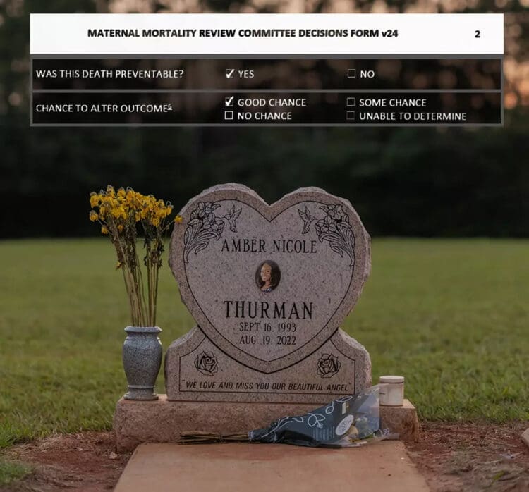 The headstone at Amber Thurman’s gravesite adorned with her photo, Above it is the report from the maternal mortality board that investigated her death on top of the image.