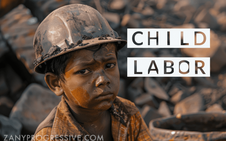 Young child in a construction helmet looking sad at a dirty construction site