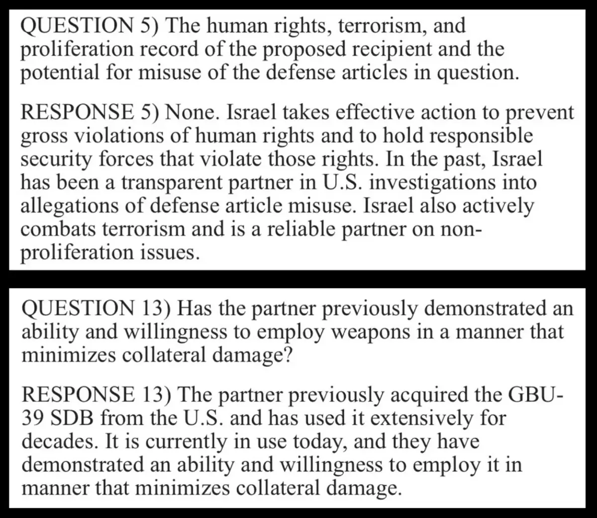 State department weapons to Israel cabel