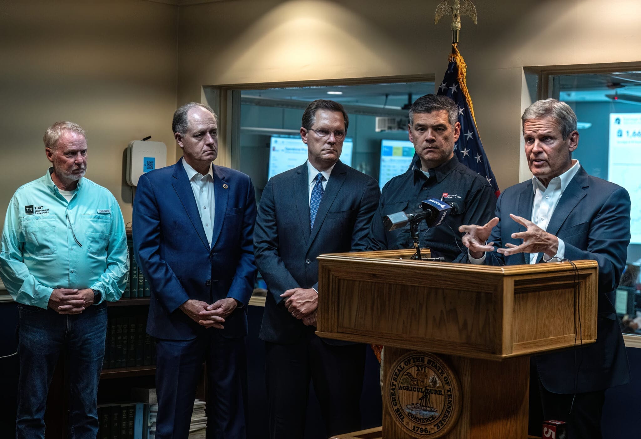 Tennessee university project: Gov. Bill Lee reiterated Thursday that President Biden called him to offer support. With him at a Thursday press conference were, from left, Tennessee Department of Transportation Commissioner Butch Eley, Senate Majority Leader Jack Johnson, House Speaker Cameron Sexton and Tennessee Emergency Management Agency Director Patrick Sheehan.