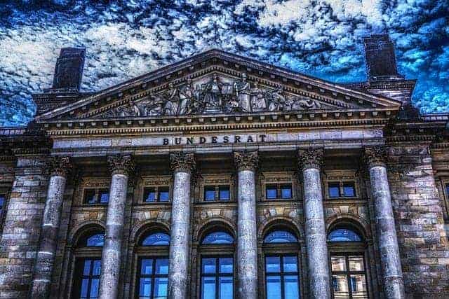 Get money out of politics. Government building under a blue, cloudy sky