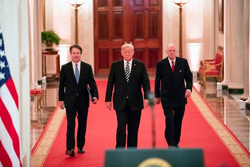 President Trump’s Battle With Federal Courts, Explained Trump walking with brett kavanaugh and a retired justice
